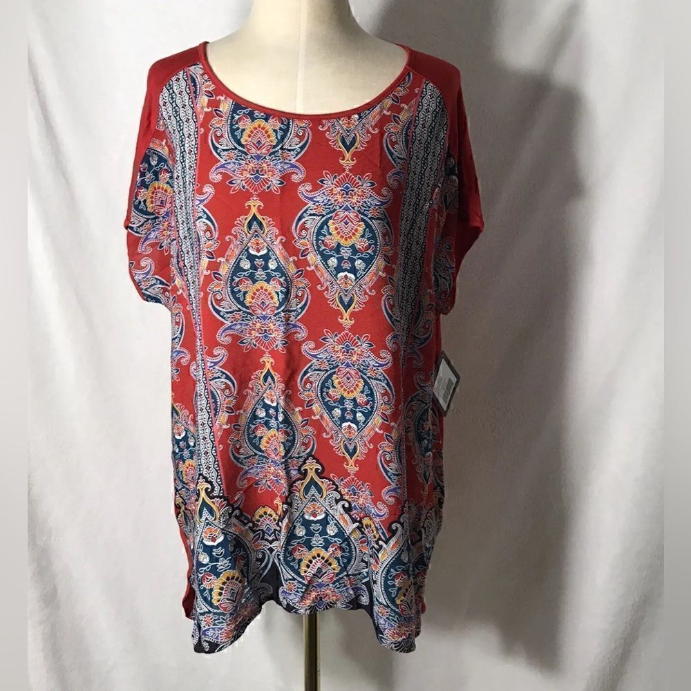 NWT - LEE Red Blue Short Sleeve Paisley Handkerchief Print Tee Top - Size XL